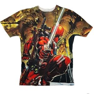 Marvel Deadpool Graphic All Over Print Red Yellow Superhero Tee Size Large